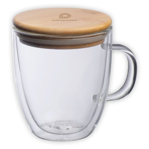 Tazza in vetro trasparente a doppia parete con coperchio in bamb e manico.
