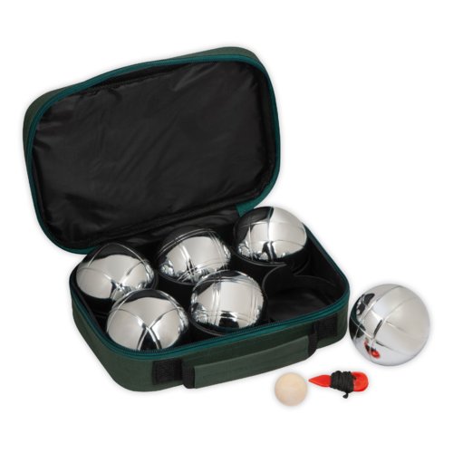 Set di bocce color argento con borsa, pallino e strumento di misurazione della distanza.