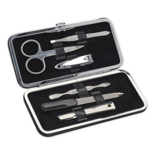 Set manicure in metallo composto da pi pezzi con custodia.