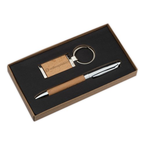 Set regalo in legno e metallo con penna a sfera e portachiavi.