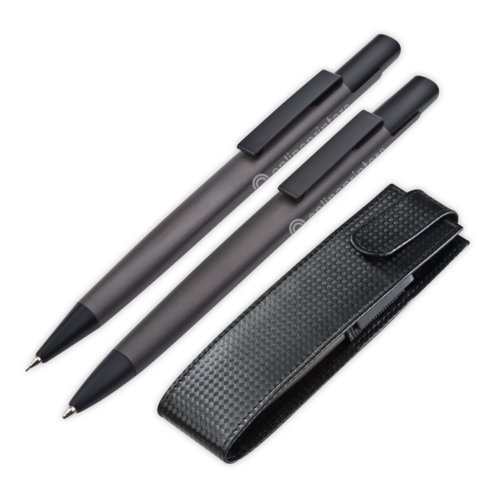 Set da scrittura in metallo antracite con penne e custodia.
