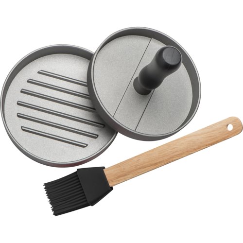 Pressa per hamburger nera in metallo con pennello in silicone.