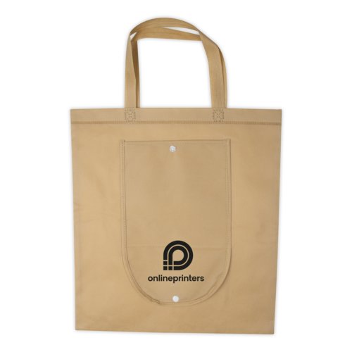 Borsa beige in tessuto non tessuto con manici e bottone.