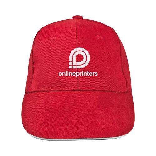 Cappellino da baseball rosso in tessuto a sei pannelli.