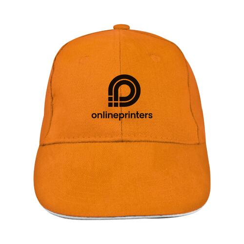 Cappellino da baseball arancione a 6 pannelli in tessuto con frontale rinforzato.