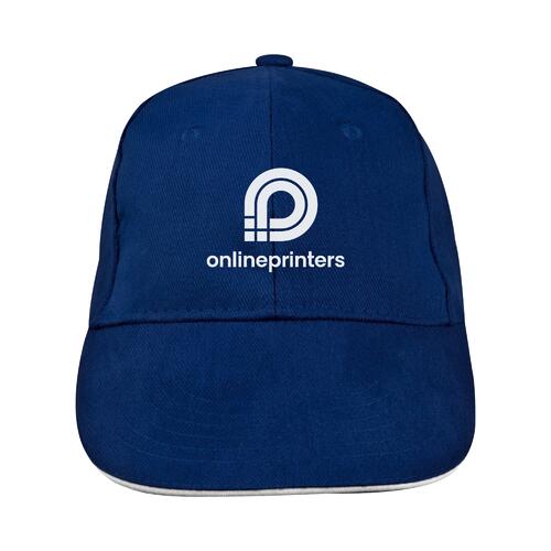 Cappellino da baseball in tessuto blu scuro a sei pannelli.