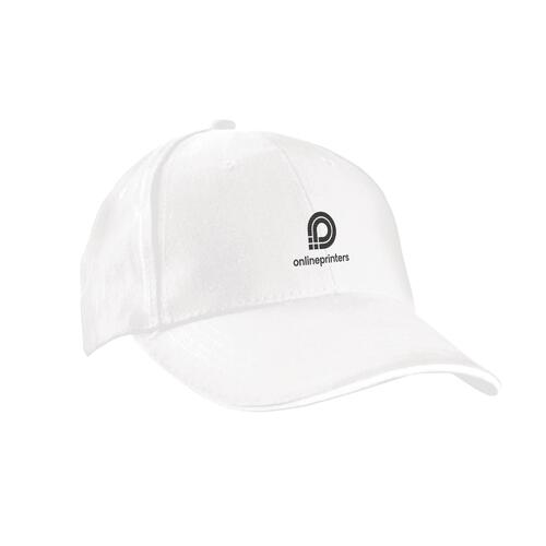 Cappellino da baseball bianco a sei pannelli con cinturino regolabile.