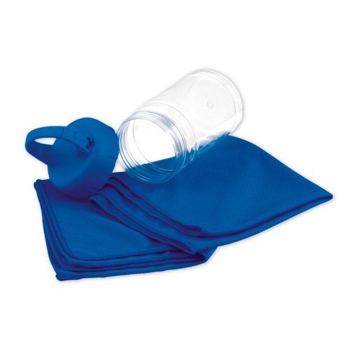 Asciugamano sportivo blu in microfibra.
