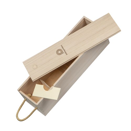 Cassetta per vino beige in legno con coperchio e manici in corda.