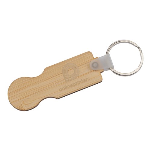 Portachiavi in legno con gettone per carrello e anello in metallo.