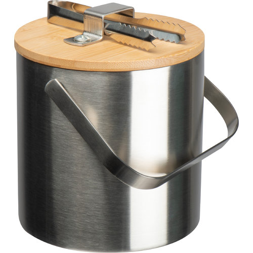 Secchiello per il ghiaccio argentato in metallo con coperchio in legno.