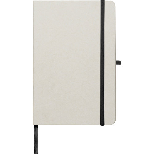 Quaderno beige in cartone di latte riciclato con elastico.