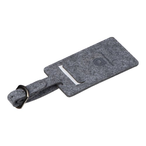Etichetta per bagaglio in feltro grigio con fibbia e finestra trasparente.