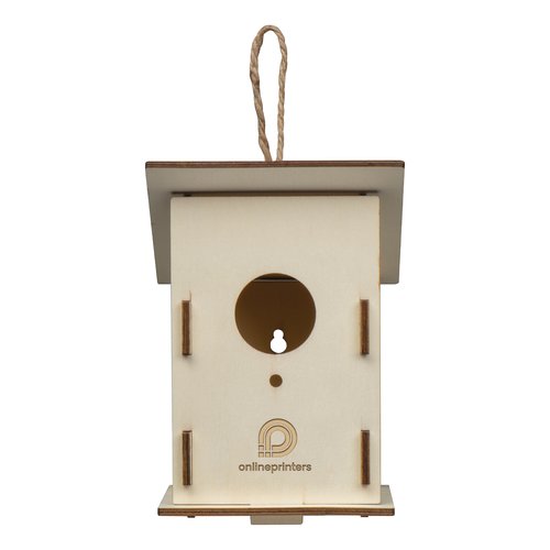 Casetta per uccelli in legno beige con gancio in corda.