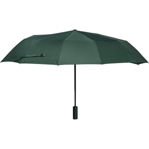 Ombrello tascabile verde scuro con custodia e manico.