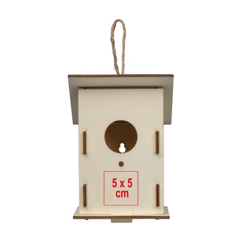 Nido per uccelli in legno con sospensione.