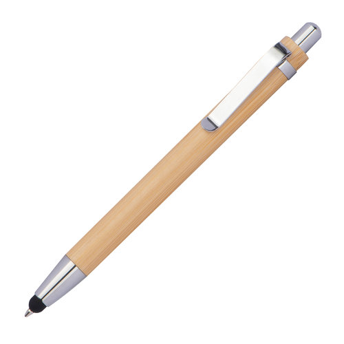 Penna a sfera in legno beige con clip e meccanismo a pressione.