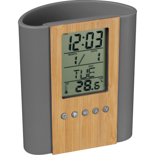 Portapenne grigio con elemento in bamb e display digitale.