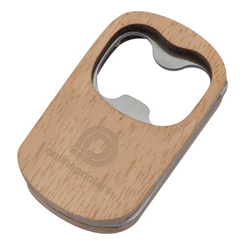 Apribottiglie in legno con inserto in metallo.