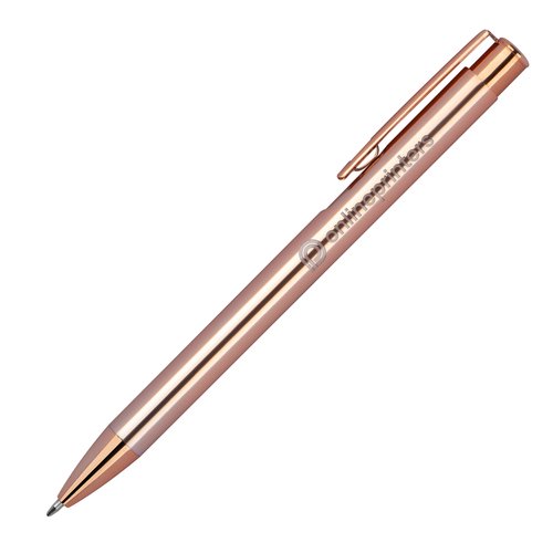 Penna a sfera in metallo color rame con clip e meccanismo a pressione.