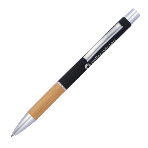 Penna a sfera in alluminio nero con elementi in metallo e clip.