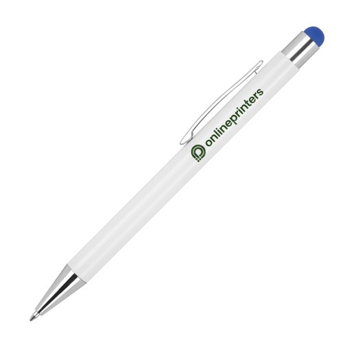 Penna a sfera in metallo blu con funzione touchpen e clip.