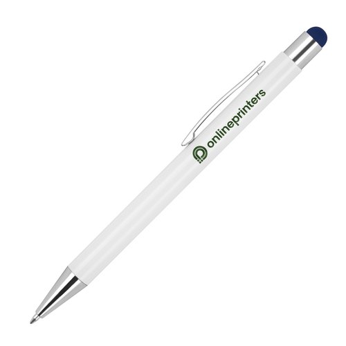 Penna a sfera blu scuro con touchpen e clip.