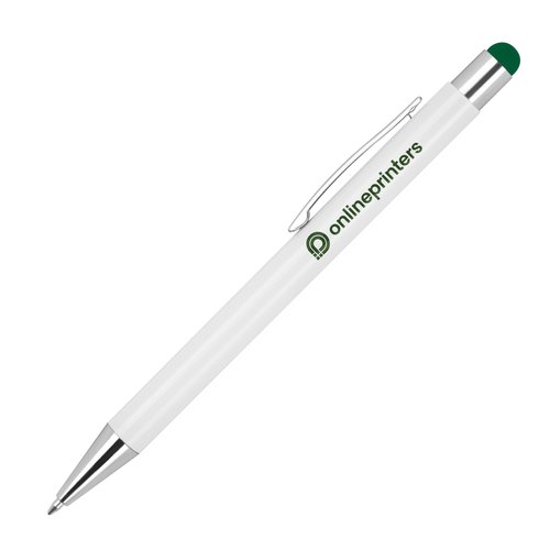 Penna a sfera in metallo bianco con funzione touchpen e clip.