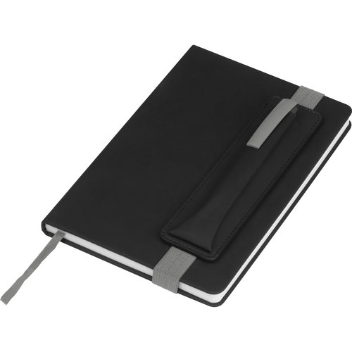 Quaderno grigio con passante per penna ed elastico.