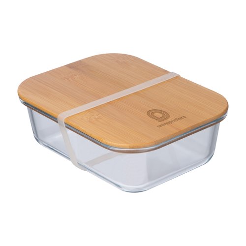 Porta pranzo trasparente in vetro con coperchio in bamb ed elastico.