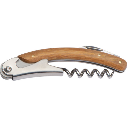 Coltellino da sommelier in legno beige con apribottiglie e cavatappi.