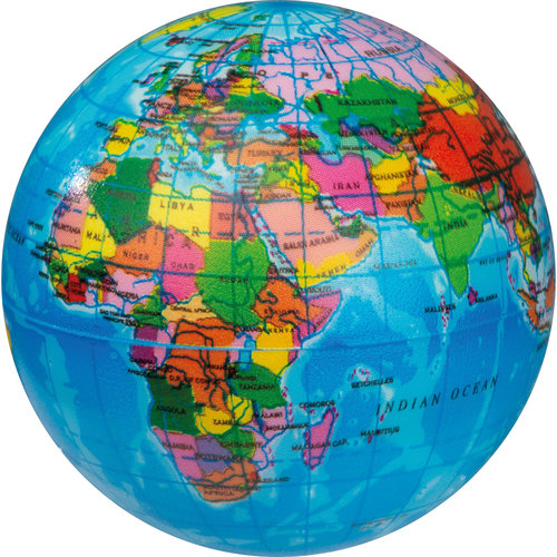 Palla antistress in schiuma multicolore a forma di globo.