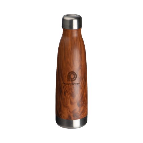 Bottiglia termica in acciaio inox color legno con tappo a vite.