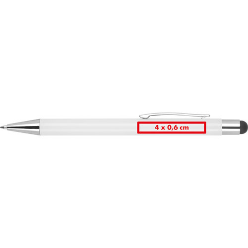 Penna a sfera bianca con touchpen e clip.