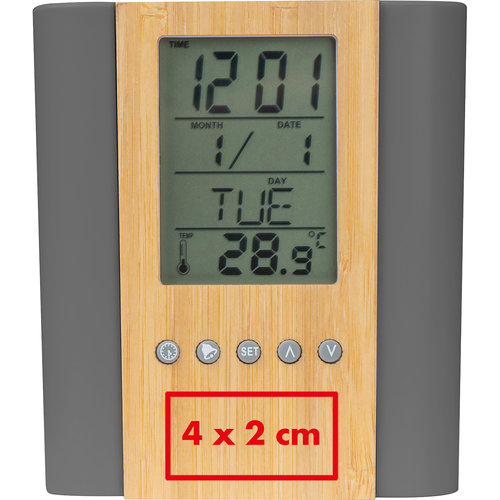 Portapenne in bamb grigio con display digitale.
