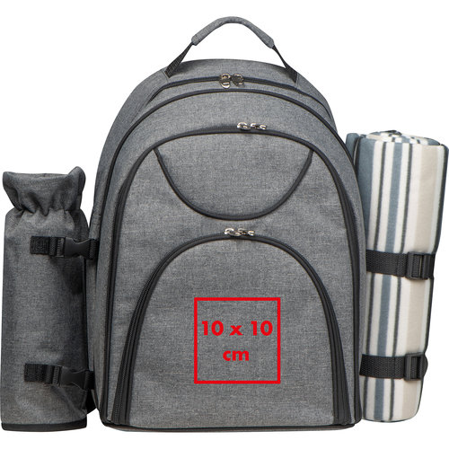 Zaino da picnic grigio con portabottiglia e supporto per coperta.