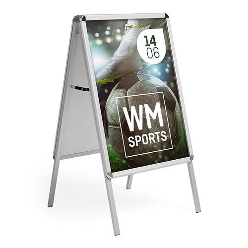 Cavalletto pubblicitario in metallo argentato, bifacciale.