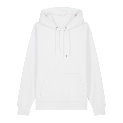 Felpa bianca in cotone, unisex, con cappuccio e tasca a marsupio.