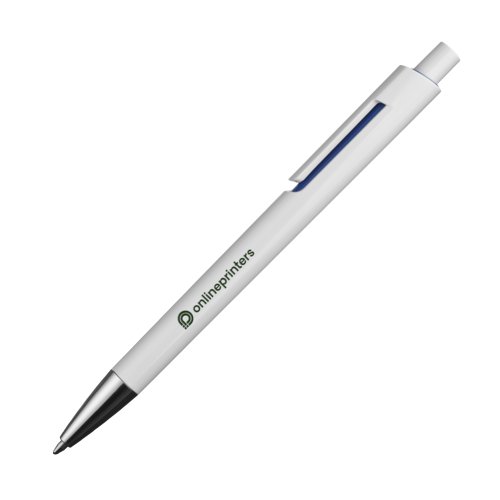 Penna a sfera blu in plastica con clip e pulsante.