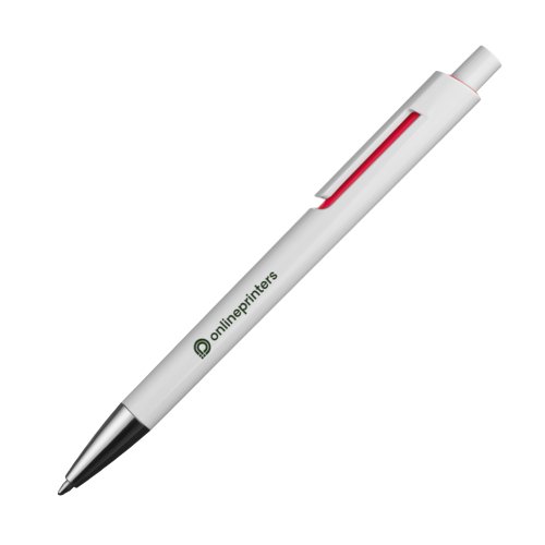 Penne a sfera in plastica rossa con clip e pulsante.