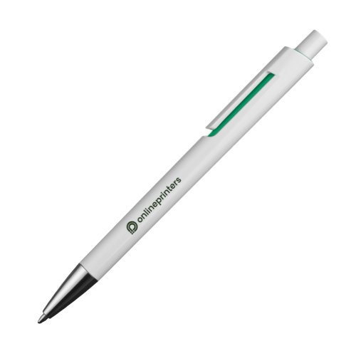 Penna a sfera verde con clip e meccanismo a scatto.