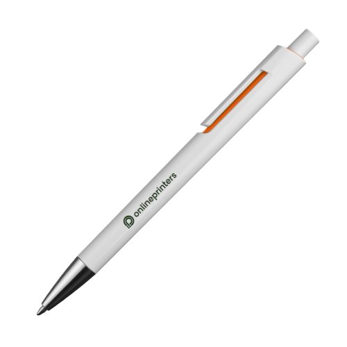 Penne a sfera arancione in plastica con clip e pulsante.
