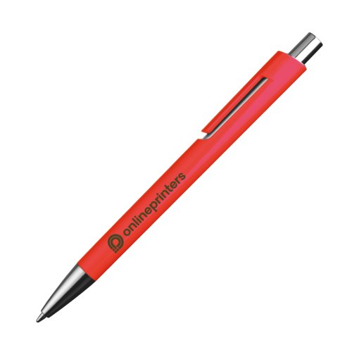 Penna a sfera rossa in plastica con clip e pulsante.