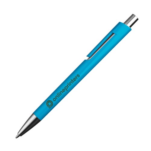 Penna a sfera in plastica azzurra con clip e pulsante.