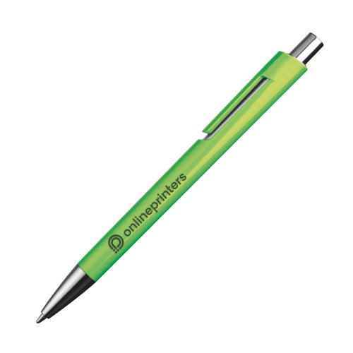 Penna a sfera verde mela con clip e meccanismo a pressione.