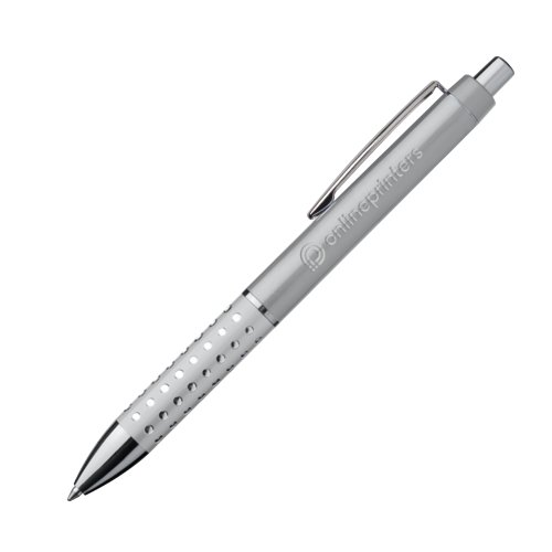 Penna a sfera in metallo grigio con clip e pulsante.