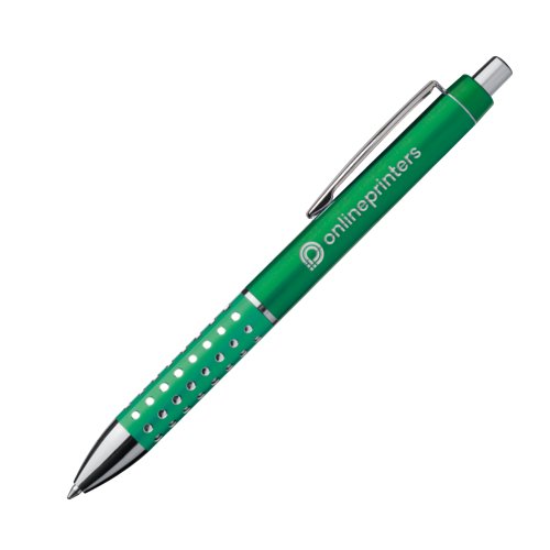 Penna a sfera in metallo verde con clip e pulsante.