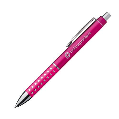 Penna a sfera rosa in metallo con clip.