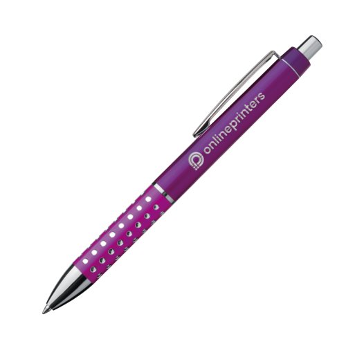 Penna a sfera in metallo viola con clip e pulsante.