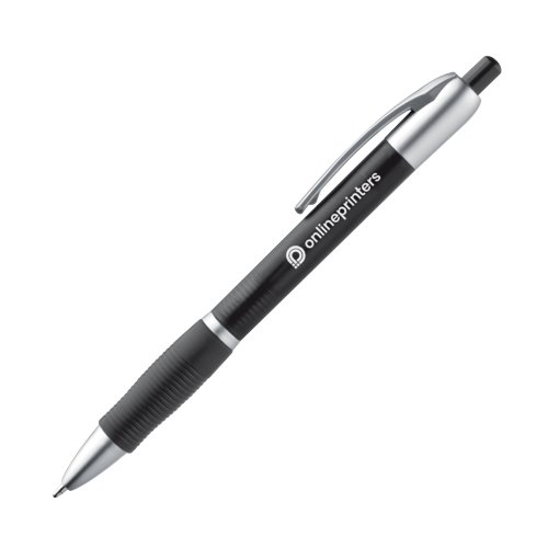 Penna a sfera nera in plastica con dettagli in metallo e clip.